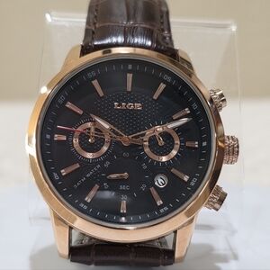 LIGE 1953 DREAM Men's Quartz Chronograph Rose Gold Bezel 22mm Brown Leather Band